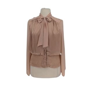 01444 Kenneth Cole Satin Chiffon Bow Top Blouse Pink Size XL preppy victorian